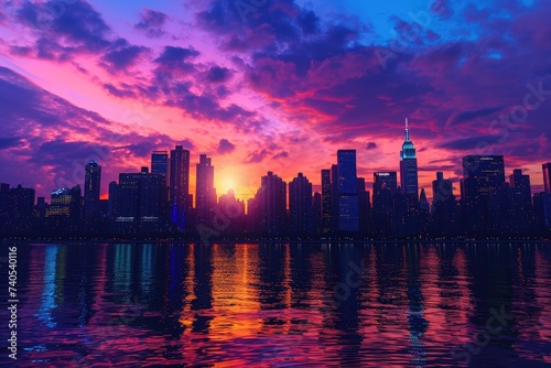 A breathtaking sunset casts a warm glow over a large city, showcasing towering buildings and a bustling urban scene, Colorful city skyline under the beautiful sunset, AI Generated