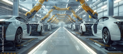 A modern car factory manufacturing with robotic arm to processing. AI generated image photo