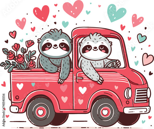 Cute Cartoon Wild Sloth Couple Lover, Drive on Red Retro Truck load of roses, Vector poster for children, Happy valentine, Vector svg, isolate on Transparent Background