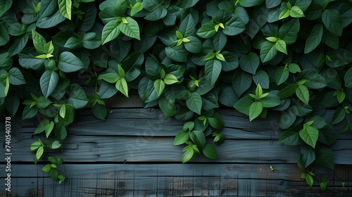 Vibrant green leaves forming a tranquil pattern, set against a backdrop of rough-hewn, reclaimed wood, merging nature with sustainability.
