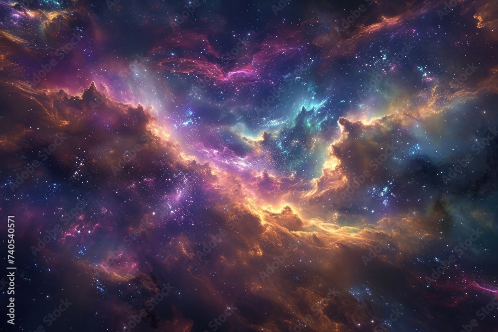 This photo showcases a vibrant and visually striking space featuring an abundance of stars spread across the vast expanse, Colorful nebulous clouds swirling in a far-off galaxy, AI Generated
