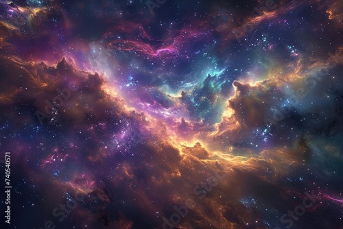 This photo showcases a vibrant and visually striking space featuring an abundance of stars spread across the vast expanse  Colorful nebulous clouds swirling in a far-off galaxy  AI Generated