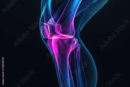 This photo captures a vibrant and detailed view of the knee joint, showcasing the various ligaments and tendons that support its structure, Colorful variant of a 3D human knee X-ray, AI Generated