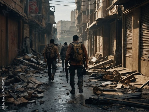 A group of survivors walk away leaving the destroyed city