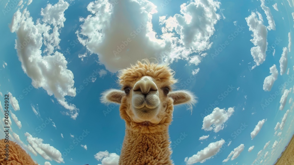 Bottom view of a alpaca against the sky. An unusual look at animals. Animal looking at camera Bottom view of a alpaca against the sky. An unusual look at animals. Animal looking at camera