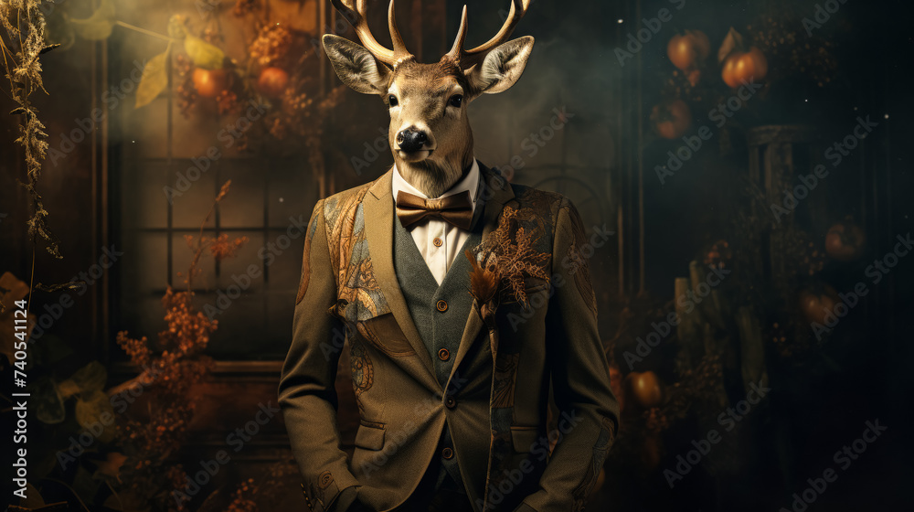 Imagine a debonair deer in a velvet smoking jacket, accessorized with a silk cravat and a monocle. Amidst a backdrop of autumn foliage, it exudes woodland charm and refined taste. The vibe: rustic and - obrazy, fototapety, plakaty 