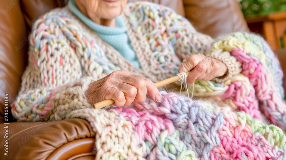 Close-Up of Elderly Woman's Hands Crocheting Multicolored Blanket Close-Up of Elderly Woman's Hands Crocheting Multicolored Blanket