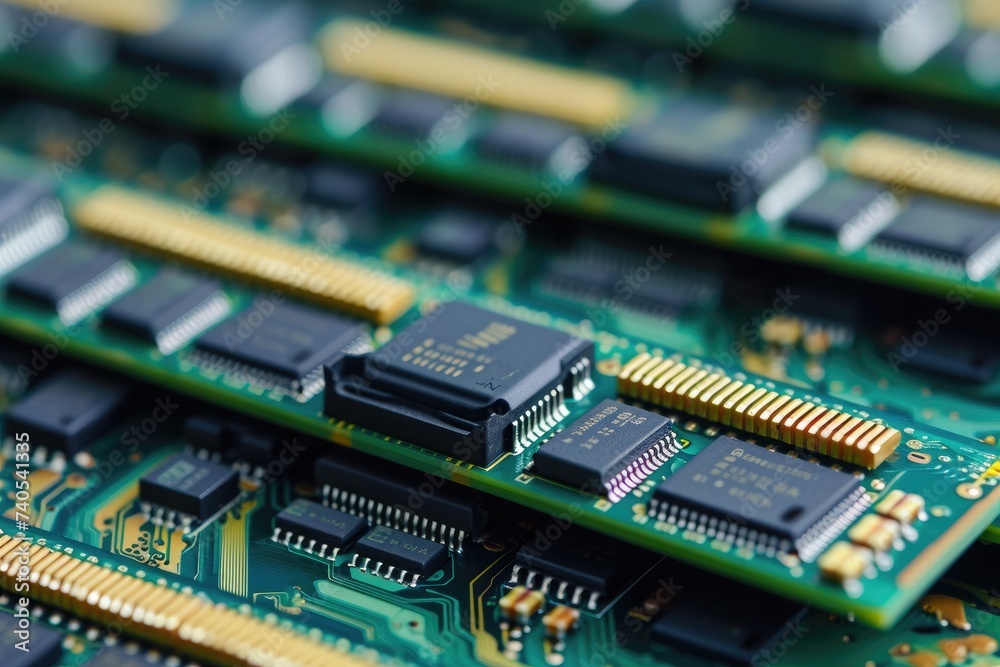 A detailed view of various electronic components intricately arranged on a circuit board, Computer RAM modules in a row, AI Generated A detailed view of various electronic components intricately arranged on a circuit board, Computer RAM modules in a row, AI Generated