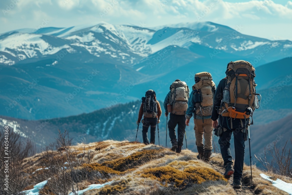A group of adventurous hikers ascending a challenging mountain trail with determination and teamwork, Comradeship strength on display during a mountain hike, AI Generated