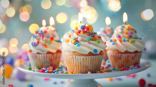 Tasty birthday cupcakes with candles on stand against blurred lights closeup 