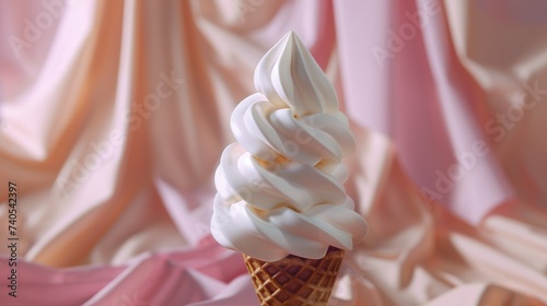 Indulgent vanilla ice cream cone with creamy swirls against a backdrop of soft pink perfection