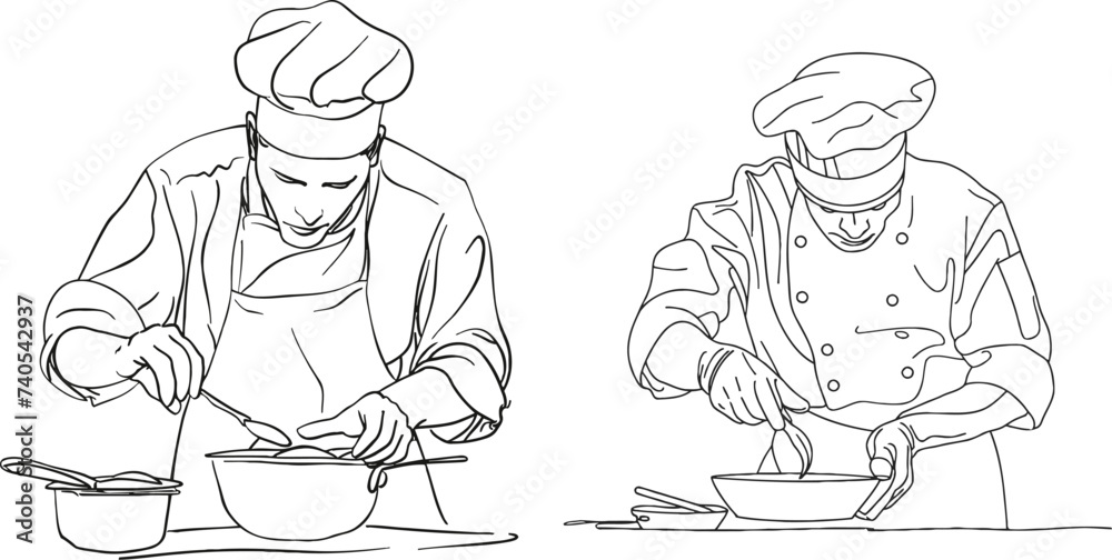 continuous line drawing of chef preparing food continuous line drawing of chef preparing food