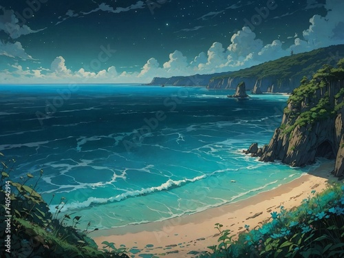 illustration of a beautiful and calm beach at night photo
