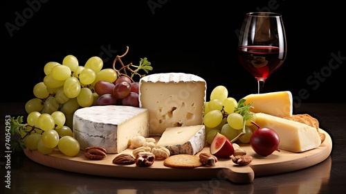 An assortment of various types of cheese with wine, and grapes, shot from above on a white background