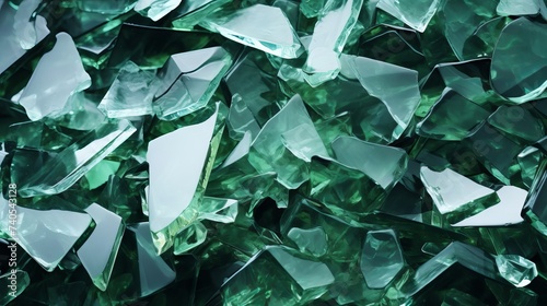 Background many recycle pieces of broken glass in green photo