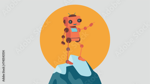 Ein Roboter steht auf einem Gipfel und blickt selbstbewusst in die Ferne. Dabei zeigt er in den Himmel.