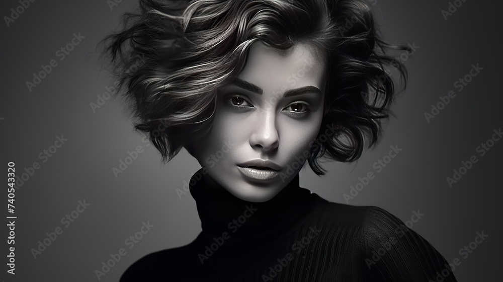 Fototapeta premium Black and white fashion art studio portrait of beautiful elegant woman in black turtleneck. Hair is collected in high beam. Elegant ballet style