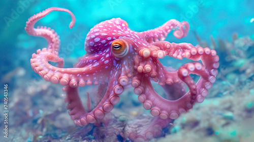 Pink octopus swimming in the depths of the sea. Underwater close-up scene. Concept of biology, wildlife, marine life. Octopus vulgaris in aquarium blue sea water. Nature wallpaper.