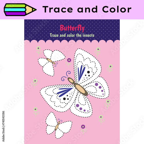 Pen tracing lines activity worksheet for children. Pencil control for kids practicing motoric skills. Butterflies educational printable worksheet. Vector illustration.