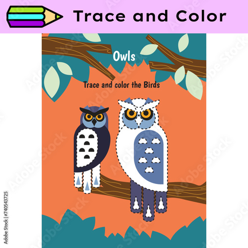 Pen tracing lines activity worksheet for children. Pencil control for kids practicing motoric skills. Owls educational printable worksheet. Vector illustration.