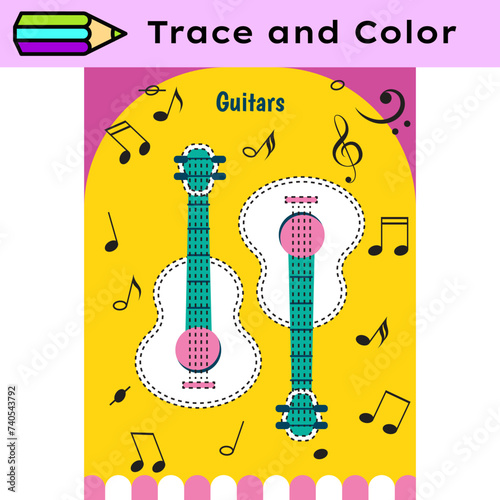 Pen tracing lines activity worksheet for children. Pencil control for kids practicing motoric skills. Guitars educational printable worksheet. Vector illustration.