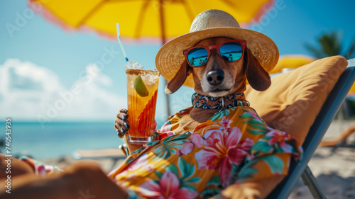A Dachshund dressed in a Hawaiian shirt, beach shorts, hat, sunglasses lies on a sunbathe on the beach, on a sun lounger, under a bright sun umbrella, drinks a mojito with ice from a glass glass with  © Дмитрий Симаков