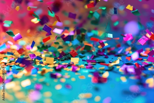 A colorful assortment of confetti scatters across a table, creating a vibrant and festive scene, Confetti in rainbow colors representing LGBTQ+ pride, AI Generated