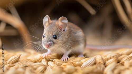 Common house mouse (Mus musculus) gnaws grain