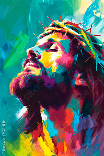 Vibrant, abstract portrait of a figure with a crown of thorns, evoking passion and sacrifice, ideal for modern religious artwork