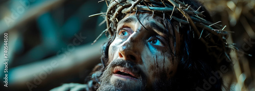 Close-up of a man with a crown of thorns, tears, and a solemn gaze upwards, conveying deep sorrow and spiritual suffering
