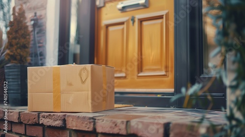 The parcel is lying in front of the front door. Delivery service, post office.
