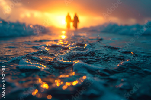Two Silhouettes against sunset, walk on water towards a radiant horizon
