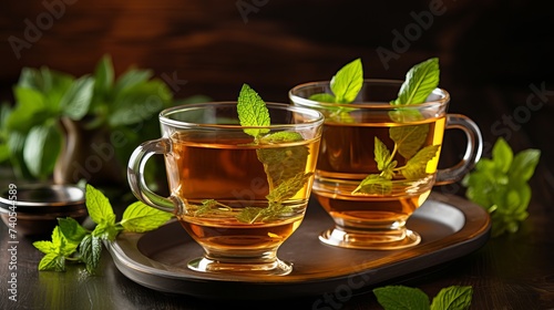 Cups of tea with mint on wooden table