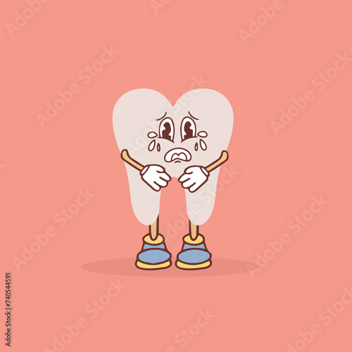 Funny healthy white molar with sad crying face, retro cartoon teeth mascot, dentistry and dental care sticker of 70s 80s vector illustration. Vector illustration. Vector 