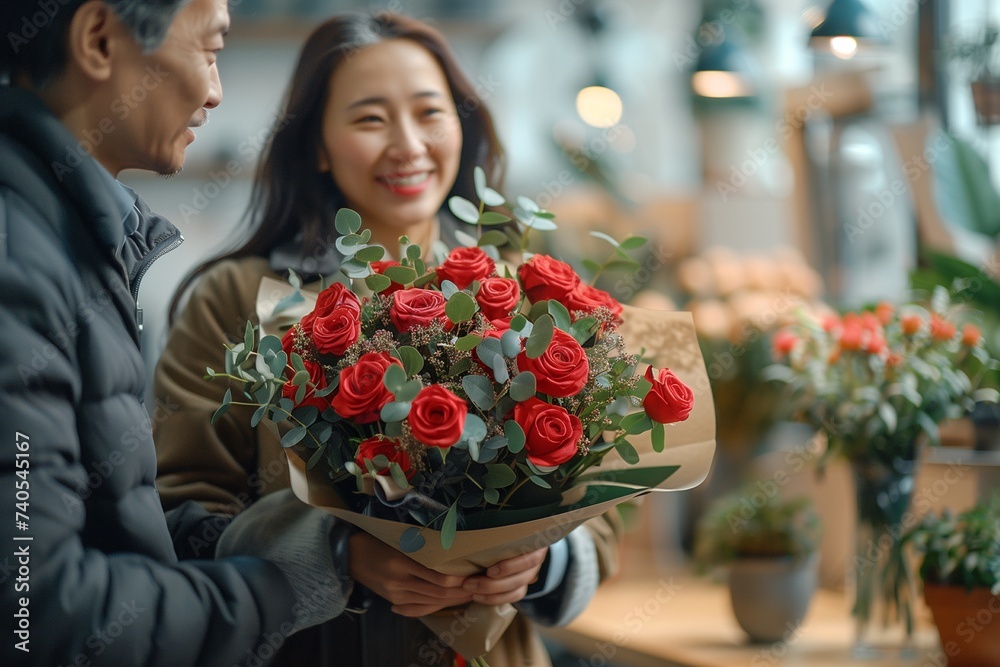 Fototapeta premium International Women's Day Celebration: Men Presenting Flowers to Women in Office