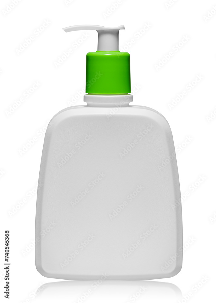 Biały plastikowy pojemnik z dozownikiem, opakowanie na krem, szampon lub mydło.
 - obrazy, fototapety, plakaty 
