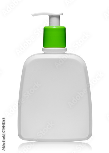 Biały plastikowy pojemnik z dozownikiem, opakowanie na krem, szampon lub mydło. 