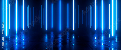 A futuristic, neon-lit room with vertical blue lights and a reflective floor creates a mysterious, high-tech atmosphere photo