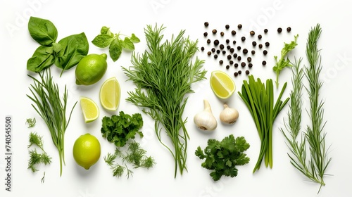 Fresh herb and spices isolated on white background, top view