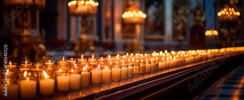 Rows of glowing candles in a serene church setting evoke a mood of tranquility and reverence, suitable for spiritual themes