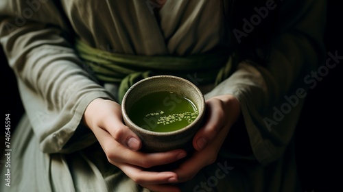 From above anonymous female holding white cup of hot aromatic green tea with tag placed on with on concrete table