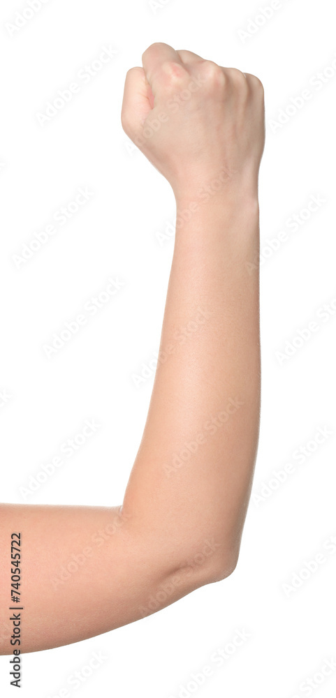Playing rock, paper and scissors. Woman showing fist on white background, closeup Playing rock, paper and scissors. Woman showing fist on white background, closeup