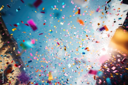 A flurry of vibrant confetti descends from above, creating a lively and celebratory atmosphere, Confetti raining down at a carnival celebration, AI Generated