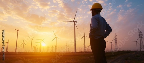 A male engineer standing confidently next to a row of towering wind turbines in a wind farm photo