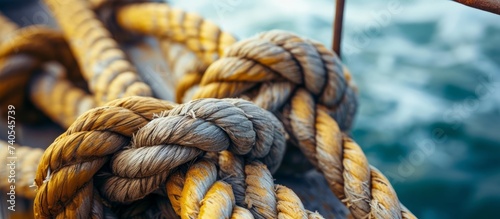 Ropes and knots on a traditional wooden boat floating in calm blue waters under the sunny sky photo