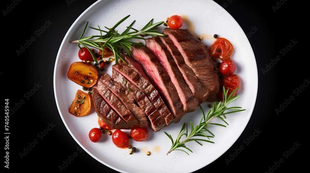Grilled sliced Beef Steak with tomatoes and rosemary on a plate Isolated on white background top view Grilled sliced Beef Steak with tomatoes and rosemary on a plate Isolated on white background top view
