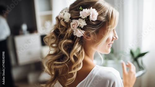 Hair stylist or florist makes the bride a wedding hairstyle with fresh cotton flowers