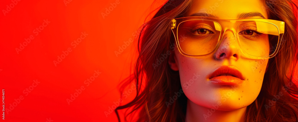 Vivid portrait of a young woman with stylish glasses on a red background, evoking confidence and trendiness with ample copy space Vivid portrait of a young woman with stylish glasses on a red background, evoking confidence and trendiness with ample copy space