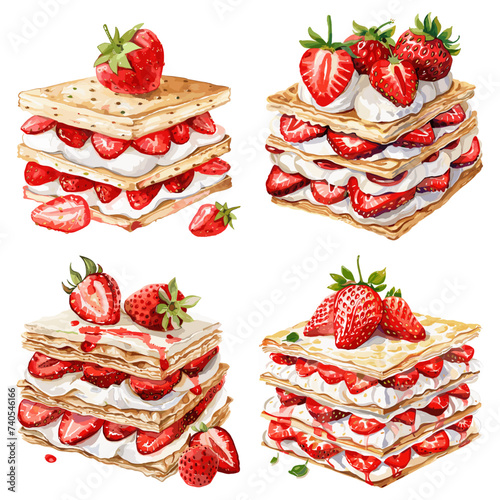 Watercolor Strawberry and white chocolate millefeuille clipart