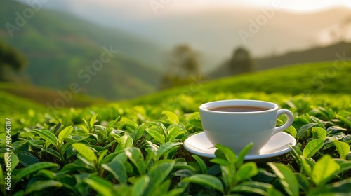 Happy and Relaxation Concept. A Cup of Hot Tea with Smiley Face on Table in front of Green Tea Plantaion Farm, Mountain with Mist as background photo